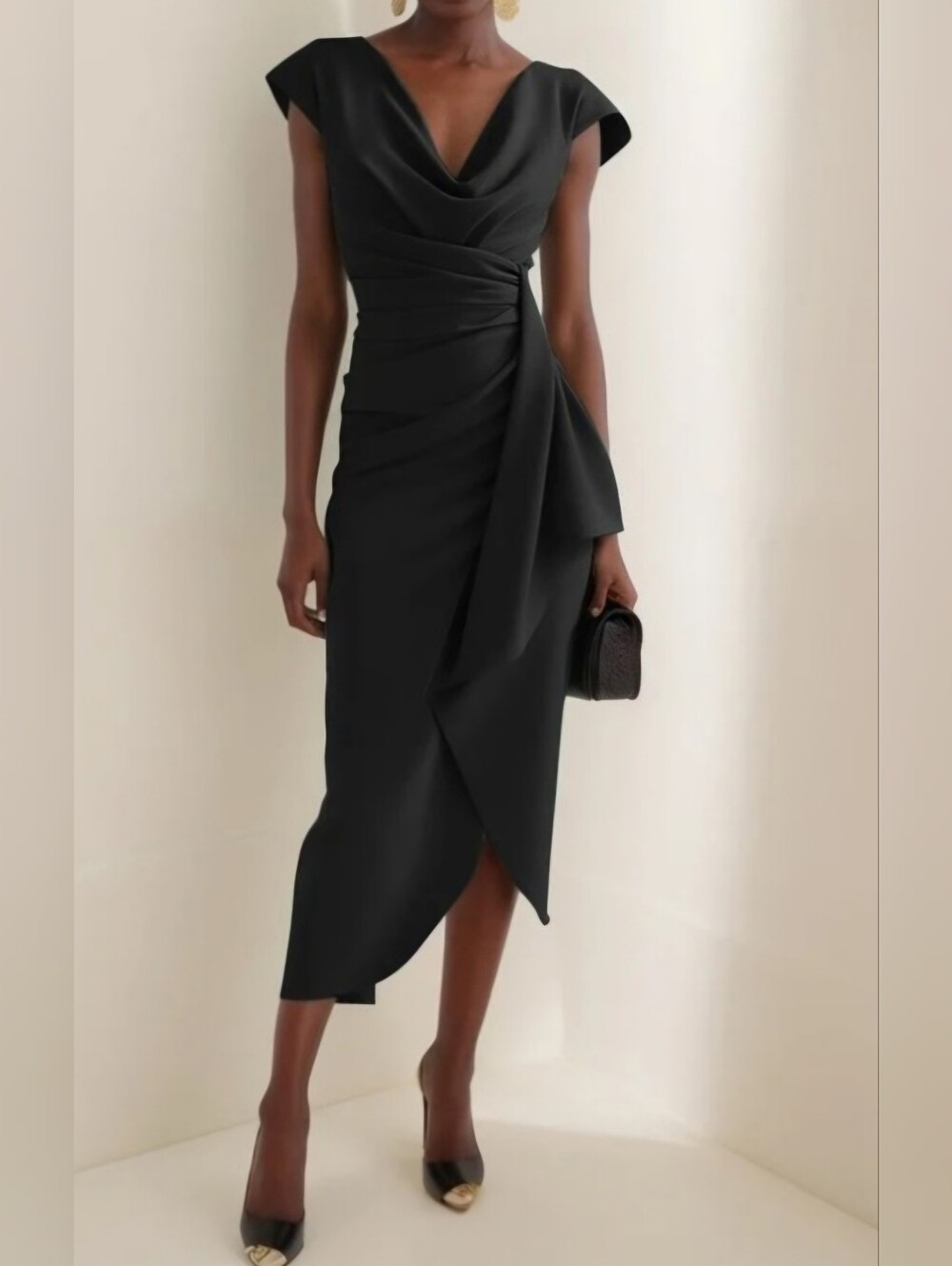 NWT Fehaute Black Cowl Neck Ruched Cap Sleeve Sheath Midi Dress Size 12
